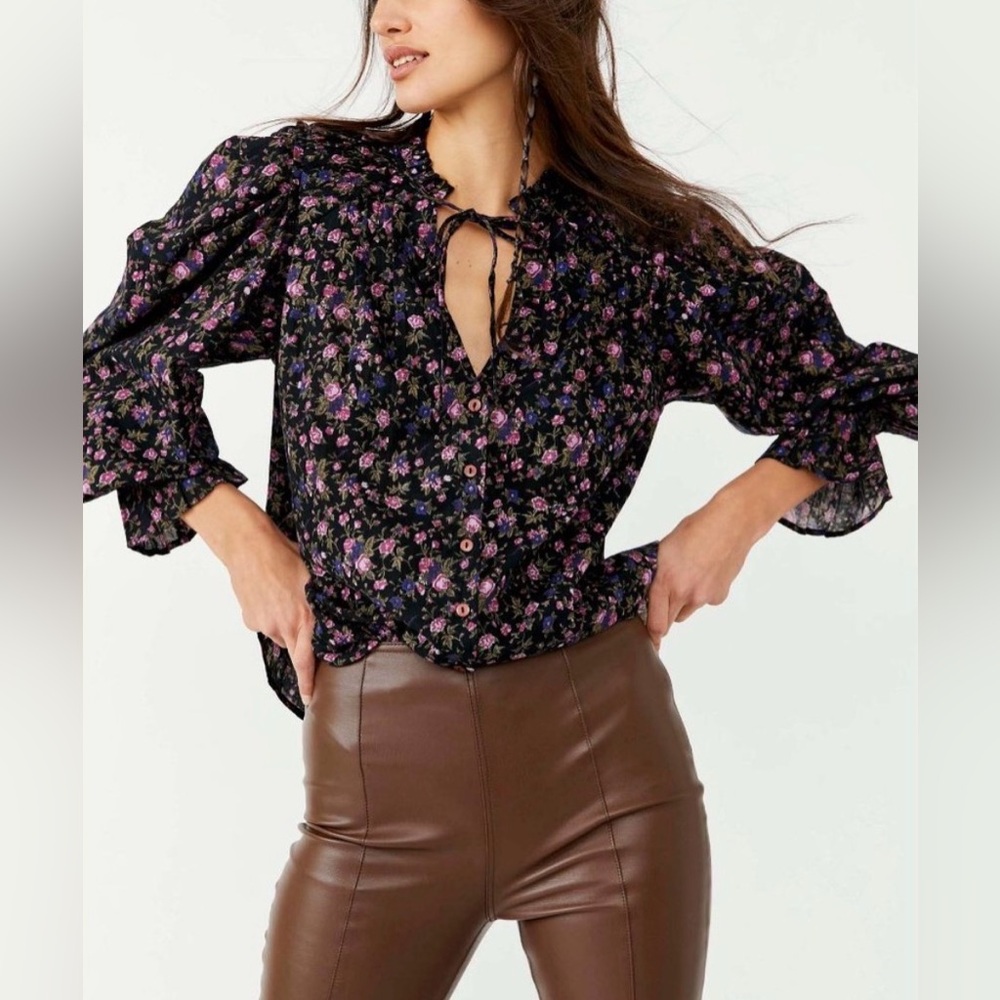 Free People Meant To Be Floral Boho Cottagecore Puff Sleeve Blouse Sz S